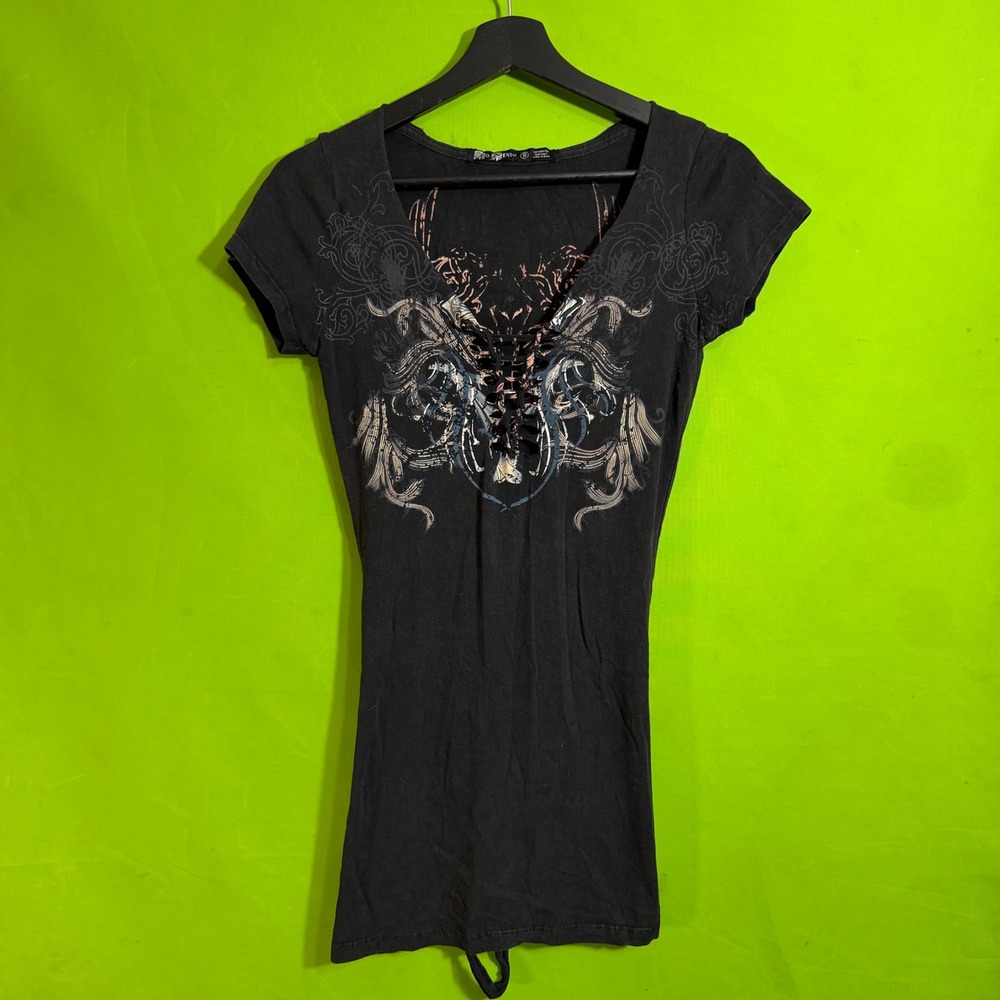 Vintage Womens Small Black Gothic Graphic Lace Up Corset T-Shirt Y2K